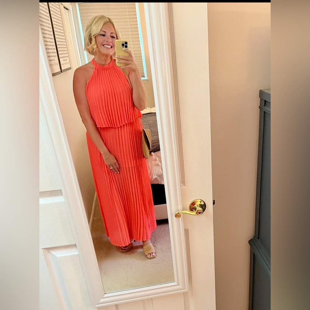 Vibrant coral/orange maxi dress, size medium